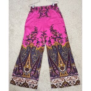 Rachel Zoe Hot Pink Paisley Satin Pull‎ On Wide Leg Palazzo Pants Size S Lounge